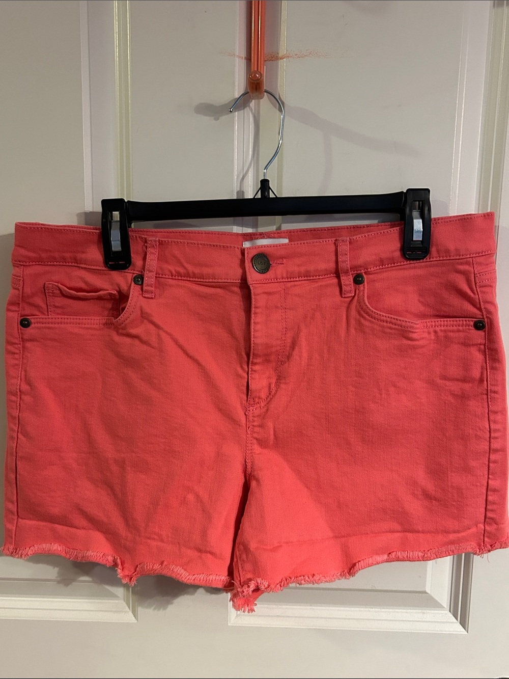 LOFT Coral Pink Frayed-Hem Denim Shorts